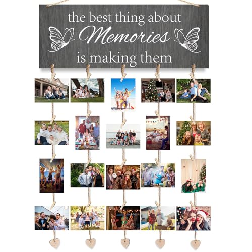 pclapora Pele Mele Photo Mural, Porte Photo Mural, Photos Murale en Bois avec 20 Pince a Linge Bois, Cadre Photos Murale pour Exposition de Mémoire, Mariages,...