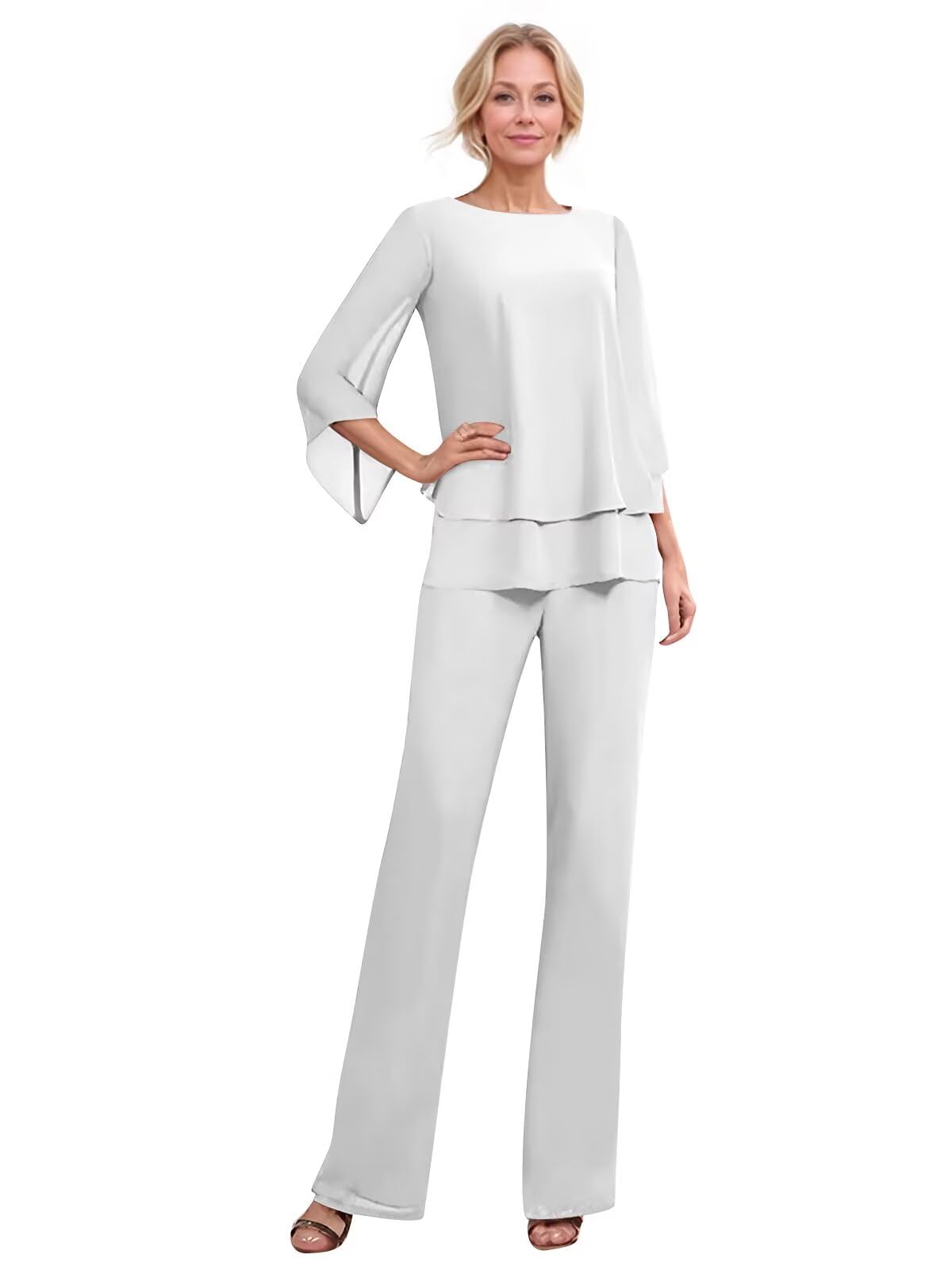 Long Sleeves Mother of The Bride Pant Suits for Wedding Scoop Neck Tiered Chiffon Formal Wedding Guest Outfit
