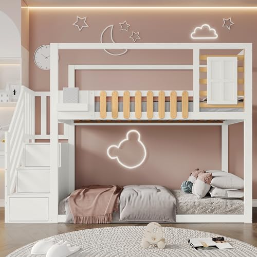 Aoskem Kinderbett Etagenbett 90x200 cm für 2 Kinder, Hochbett Hausbett mit...