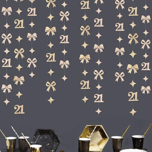 Image of Glitter Champagne 21st Bow Birthday Decorations Champagne Conquette Bow Garland Streamer Banner Backdrop for Girls Happy 21st Birthday Finally Legal Cheers to 21 Years Old Anniversary Party Supplies
