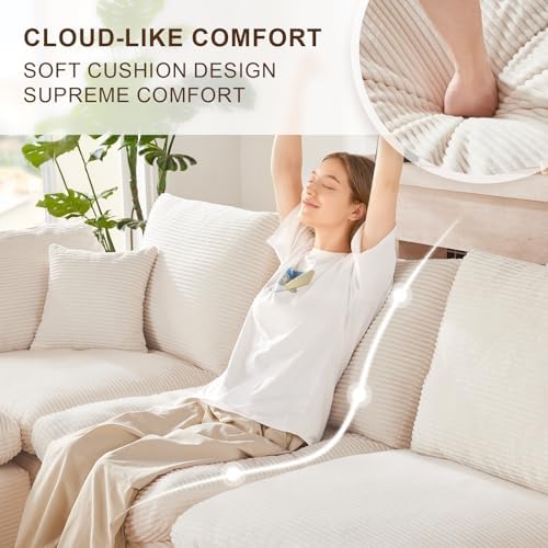 112" Cloud Sectional Couch, Boneless Couches for Living Room, L Shaped Couch with Convertible Ottoman, Modular Sectional Sofa with Deep Seat, Comfy Soft Cushions, No Assembly, Beige - Thumbnail 4