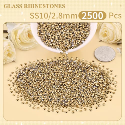 Image of 2500PCS SS10 /2.8mm Crystal Glass Rhinestones for Bedazzling (Crystal Aurum) | Flatback Rhinestones for Crafting DIY Nail Art Makeup Decoration, Gems Diomand Charms for Tumbler Shoes Clothing Mug