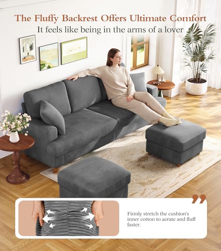 Image of Kidirect 87in U Shaped Couch, Modular Sofa No Tool Assembly, Comfy Sectional Couches for Living Room 21in Deeper Seats, Corduroy Sofas for Living Room with 2 Pillows, Loveseat Sofa Set, Grey Couch
