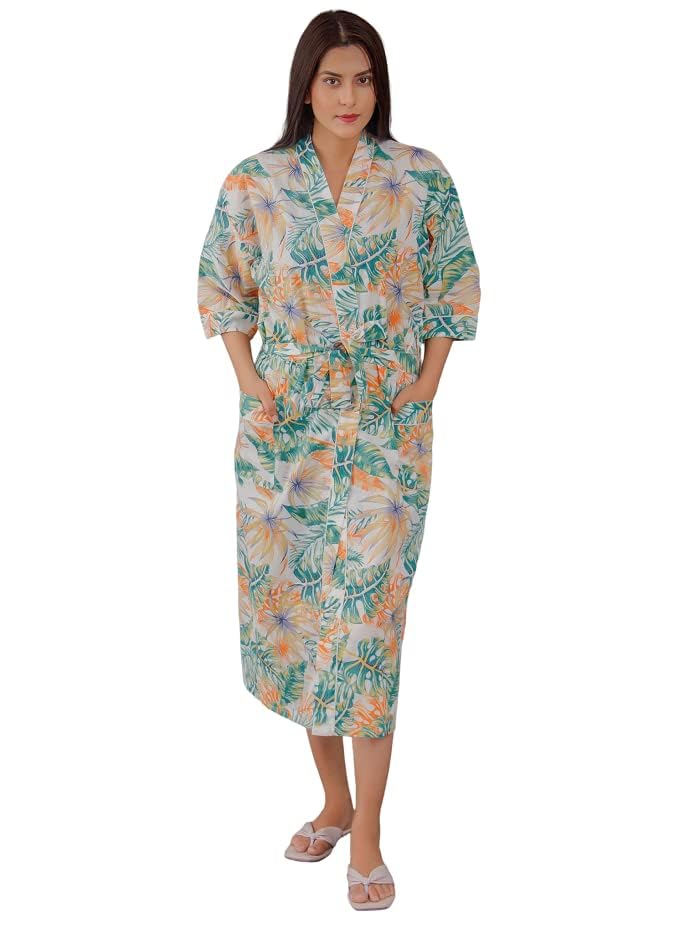 FRAU MANIA Women Cotton Kimono Robe – Lightweight Bathrobe & Loungewear Nightwear for Women, Loose Fit Summer Cover-Up (White Tropical)