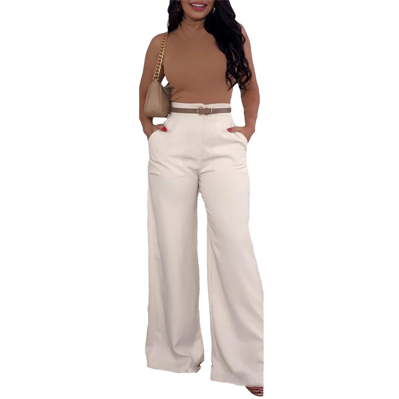 Womens High Waist Wide Leg Pants Waist Flowy Palazzo Lounge Pants with Pockets