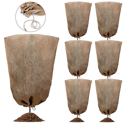 Woanger 6 Pcs 40' x 24' Reusable Winter Burlap Plant Covers Bags Warm with Drawstring Large Sack Plant Blanket Burlap Frost Cover for Cold Winter Outdoor Fruit Garden Trees Protection