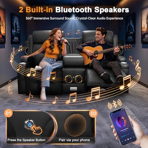 Image of Home Theater Seating, Power Loveseat Recliner Sofa with Massage & Heat, Wall Hugger Reclining Loveseat with USB, RV Couch with LED Lights, Flip Backrest, Cup Holders for Movie Theater & Gaming Room