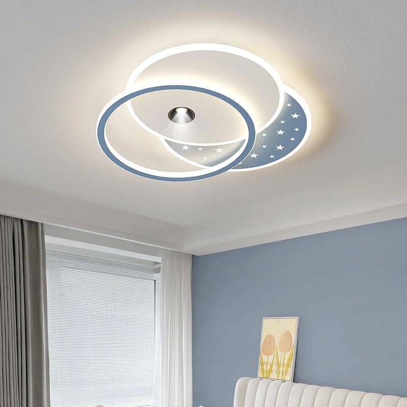 Plafonnier LED salon moderne bleu avec cercles créatifs et éclairage 3 couleurs