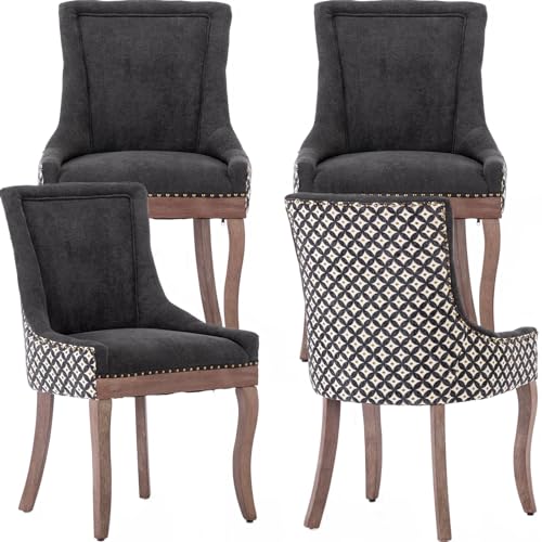 ODUSE-DAILY Dining Chairs Set of 4, Kitchen & Dining Room Chairs, Fabric Upholstered Dinning Chairs, Sillas De Comedor, Nailhead Trim, Wood Legs (Black, Pattern, 4 Pcs)