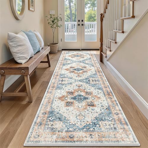 Image of XSIVOD Runner Rugs for Hallway, Blue Washable Rugs for Entryway Kitchen Runner, Soft Vintage Area Rugs for Bedroom Living Room Rug, Non Slip Floor Accent Carpet for Home Deocor, 60 x 240 cm