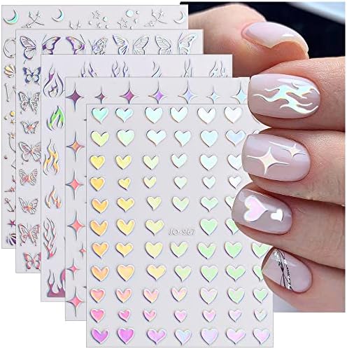 Dornail 8 Sheets Aurora Nail Stickers 3D Holographic Laser Heart Star Moon Flame Flower Butterfly Nail Decals Self Adhesive Nail Art Stickers DIY Nail Design Nail Art Decoration