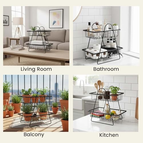 Image of Go Hooked 2 Tier Metal Fruit Basket for Dining Table | Space Efficient Countertop Wire Storage Stand for Fruits, Vegetables & Bread | Strong Metal Vanity & Home Organizer with Compact Vertical Design