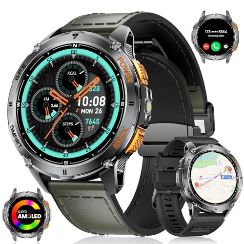 LIGE GPS Smartwatch 48mm con LED Integrada, 1,43 AMOLED HD con 110+Modos Deportivos/530 mAh Batería/Monitoreo de Salud 24/7/Barómetro/Altímetro/Brújula, iOS Android Reloj Que Mide Presion Arterial