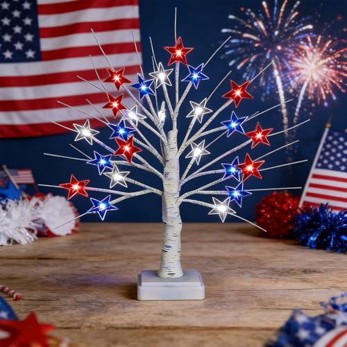 【Timer】 2 Pack 4th of July Decorations Patriotic Red White and Blue Tree Lights with 24 LED Stars, USB/Battery Operated Fourth of July Lights for Indoor & Outdoor Independence Day Decor by Tirdkid - Used condition - Image 3