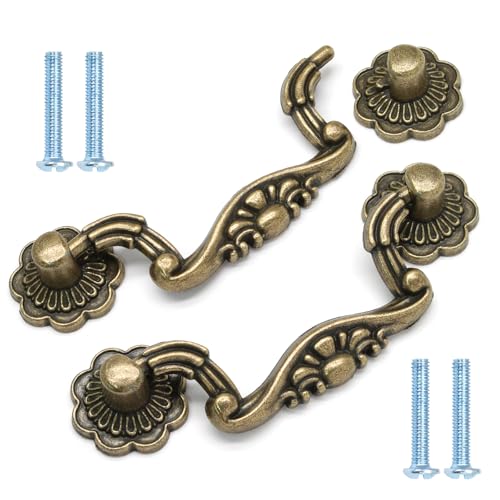 Murtenze 2PCS Antique Bronze Drop Drawer Pulls, Vintage Drop Bail Pulls Handles 2.99 Inch Hole Centers Cabinet Pull Handles for Dresser Cupboard Cabinet Woodeboxes(Total Length 3.97 Inches)