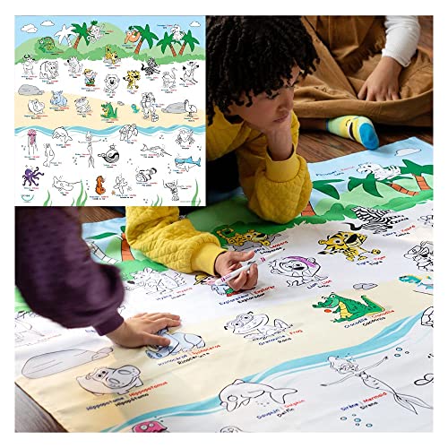 Bimoo Animals Coloring Tablecloth For Kids - Washable & Reusable Coloring Fabric - Ideal For Birthday Party - Coloring Activity For Children & Adults - Size 45”X45” - Giant Coloring Pages #TOP4