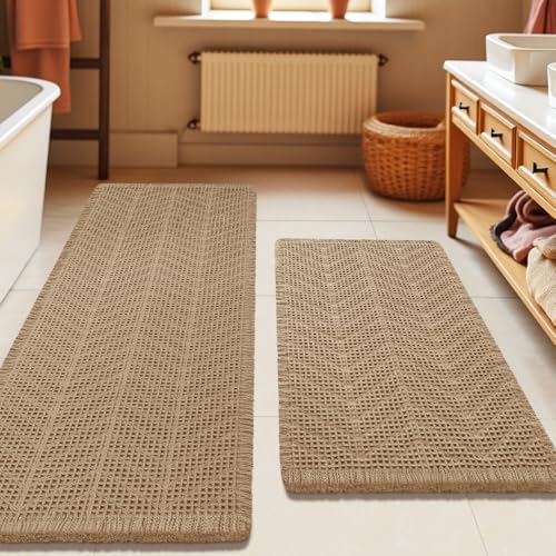 Upgrade Waffle Bath Mat Set 2 Piece, Boho Bathroom Rugs Absorbent Non Slip, Soft Bathroom Mats, Machine Washable Knit Bath Rugs with Herringbones for Bathroom, Bedroom, Kitchen, Shower, Tub, Beige by IM HOME - Used condition - US$21.47