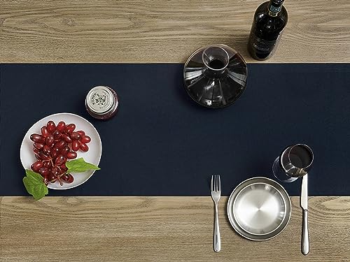 Image of ZeeMart Basic Linen Style Table Runner, 14 x 72 Inch Dark Navy, Rustic Farmhouse Dark Blue Table Runners 72 Inches Long, Everyday Polyester Table Runner - Machine Washable & Easy Care