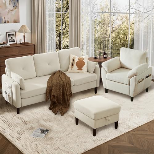 Image of 3 Pieces Sofa Set for Living Room with Sofa, Storage Ottoman and Single Chair