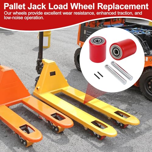 Image of Two Packs of Pallet Jack /Truck Wheels 3 inch x 3.75 inch PU Poly Tread, 20mm ID Bearings, Full Set with Axles, Pins and Entry Exit Roller