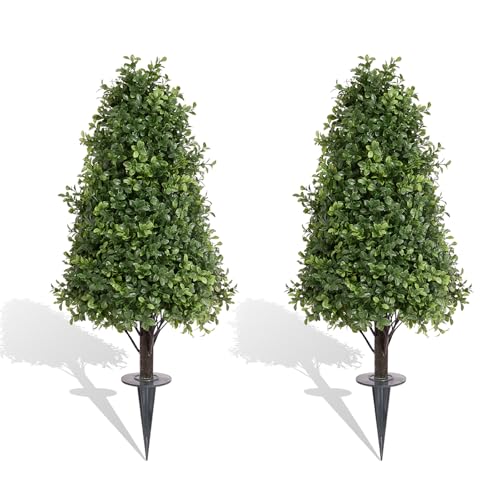 LAIMENNI 36in Artificial Boxwood Topiary Cone Trees, Outdoor Faux Plants with Ground Spike, UV...