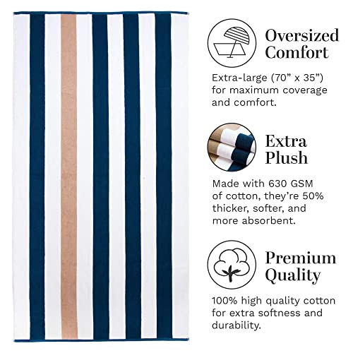 Laguna Beach Textile Co. Striped Cabana Beach Towel - Oversized, Plush 630 Gsm Cotton - Ocean Blue And Almond Beige #TOP4