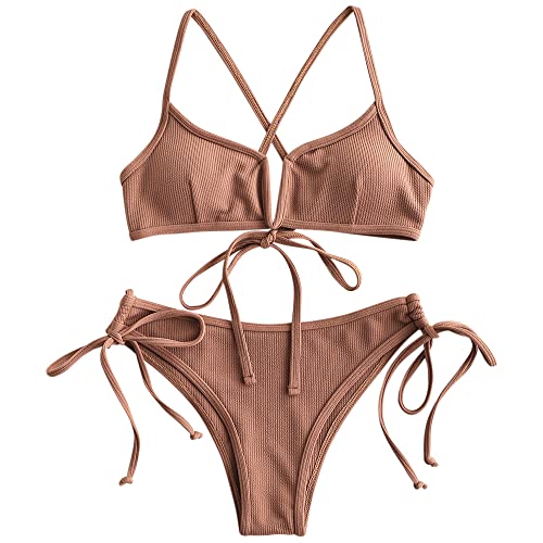 ZAFUL Women's High Cut Bikini Sets Ribbed V-Wire Cami Bikini Two Piece Swimsuit (3-Light Brown, S)