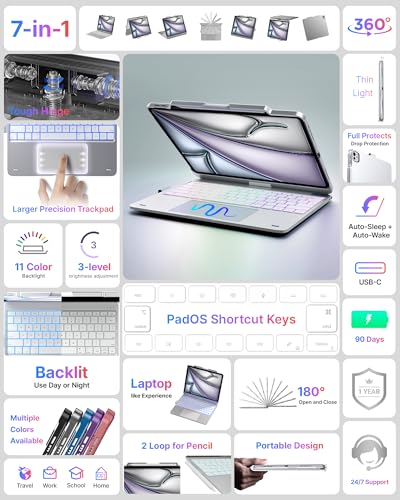 Image of typecase Keyboard Case for iPad Air 13-inch(M4 /M3 /M2, 2026 /2025 /2024), 360 Rotatable, Multi-Touch Trackpad, 11-Color Backlit Wireless Protective Case with Pencil Holder, Auto Sleep /Wake, Silver