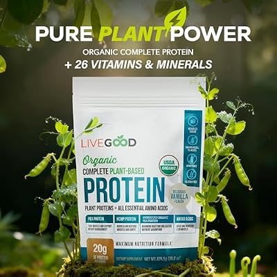LIVEGOOD Complete Plant Based Protein Powder with Organic Pea Protein and Essential Amino Acids for Muscle Support, Recovery, Energy and Daily Nutrition, Vanilla Protein Supplement (30 Servings)