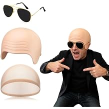 Bald Cap Costume Kit with Sunglasses, Pitbull Inspired Fancy Dress Costume, Mr Worldwide Style Costume Accessories for Music Festivals, Parties, Concerts, Halloween and Fancy Dress