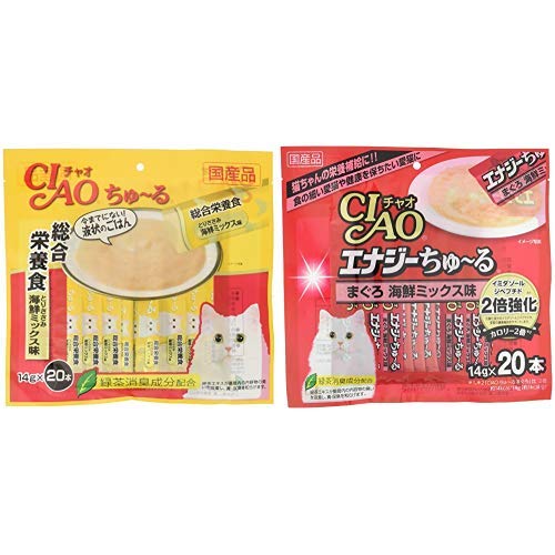 【セット買い】チャオ (CIAO) 猫用おやつ ちゅ~る 総合栄養食 とりささみ 海鮮ミックス味 14g×20本入 & (CIAO) 猫用おやつ エナジーちゅ~る まぐろ 海鮮ミックス味 14g×20本入
