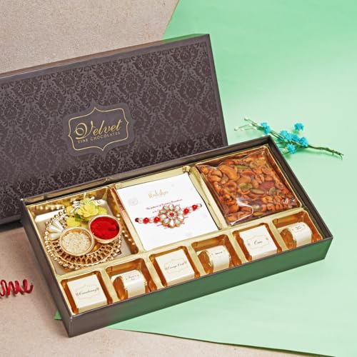 Image of VELVET FINE CHOCOLATES Gift Hamper for Brother & Sister with 6 Assorted Chocolates, Piri Piri Trail Mix 50g, Kundan Rakhi with Card & Kumkum Thali | Raksha Bandhan Gift Box | Handpicked Gift