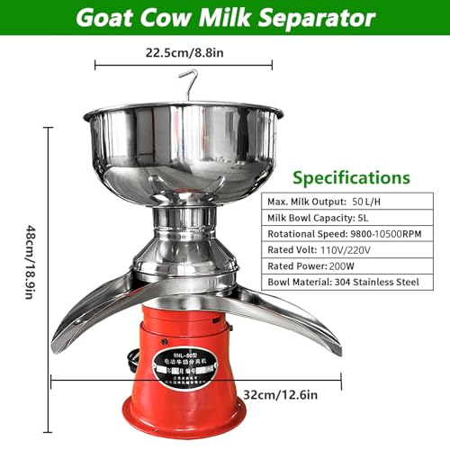 Espumador de leche, desnatador eléctrico, centrífugo de 5 l para nata, mantequilla y batidos, 10500 rpm. Contenido de grasa en leche desnatada ≤ 0,03%.