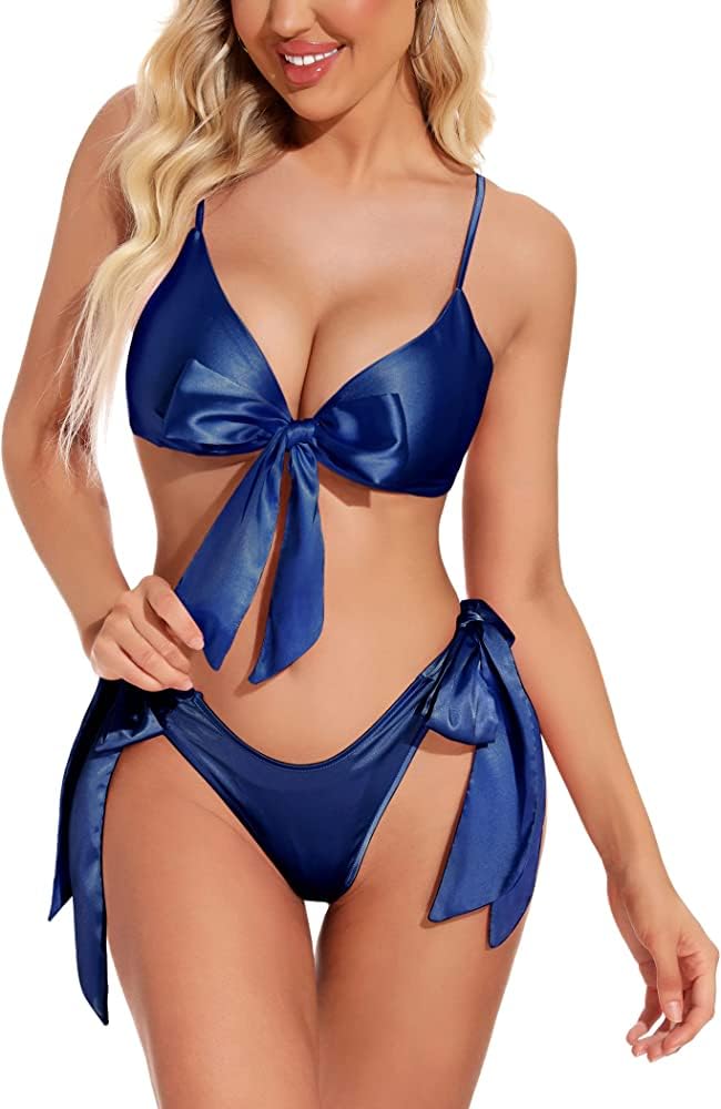 Women's Two-Piece Satin Bikini Swimsuit with Bow Ties, Navy Blue