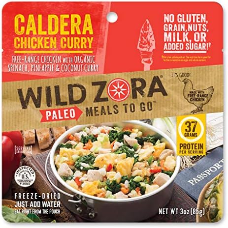 Wild Zora Paleo Meals To Go - Caldera Chicken Curry - Freeze Dried Meal for Backpacking and Camping - Free Range Chicken, Gluten Free, Dairy Free, High Protein Meal - (Single Serving)