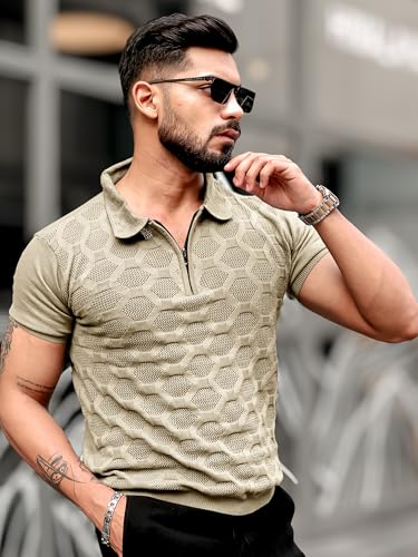 Image of Maniac || Mens || Solid Textured || Half Zip || Polo Neck || Half Sleeve || Cotton || T-Shirt