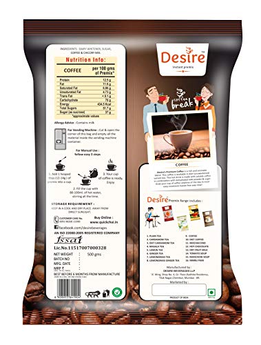Image of Desire Instant Ground Coffee Premix in Bag for Manual and Vending Machine Usage (500 gm)