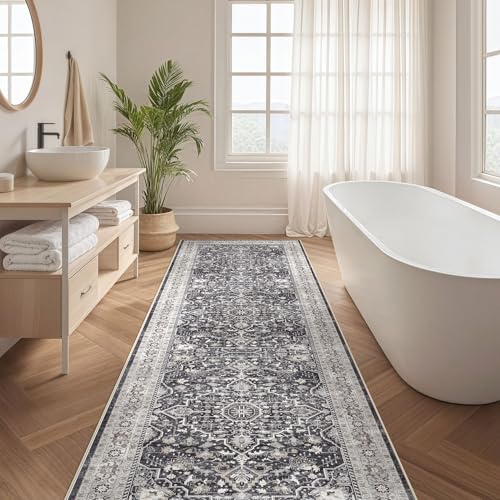 Runner Rug Kitchen Washable Rugs: 3x10 Non-Slip Boho Vintage Distressed Stain Resistant Indoor Floor Moody Oriental Throw Carpet for Hallway Bathroom Laundry Room Entryway Bedroom- Black