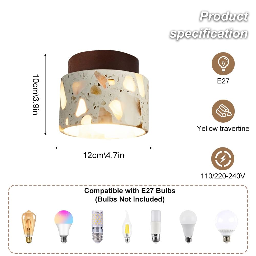 Jadssox Kamienna lampa sufitowa 4,7" Żółty trawertyn, półtynkowa lampa sufitowa, kamienny klosz, drewniana płyta, wabi sabi, lampy sufitowe blisko sypialni, korytarz, schody do przedpokoju