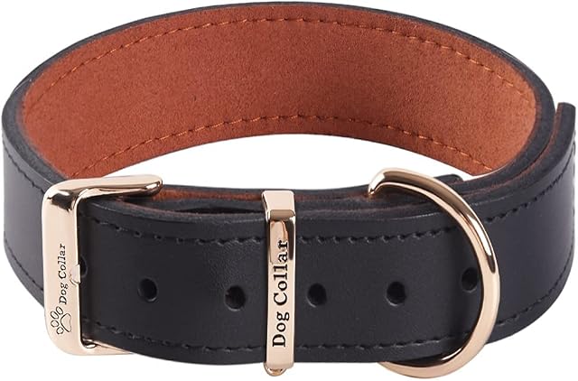 Genuine Leather Extra Thick Soft Dog Collar for Walking & Training Heavy Duty Dog Collar for Small Medium Large and Extra Large Breed Dogs (Black,L)