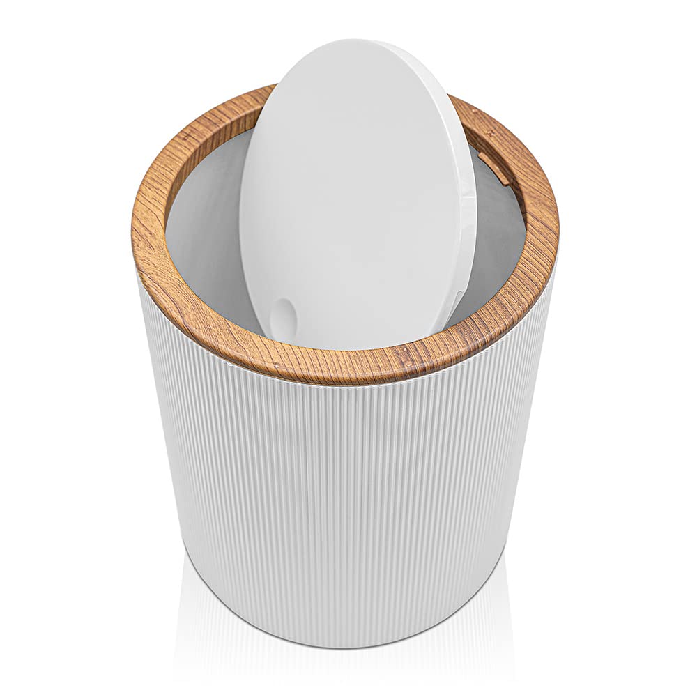 Inbagno Pattumiera 5lt Bianco con Coperchio Basculante Effetto Legno Serie Blob