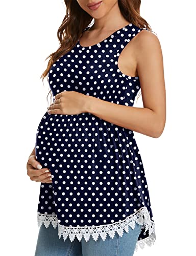 Xpenyo Womens Maternity Tank Top Sleeveless Lace Crochet Trim Peplum Cami Shirts Navy Blue Polka Dots L #TOP2
