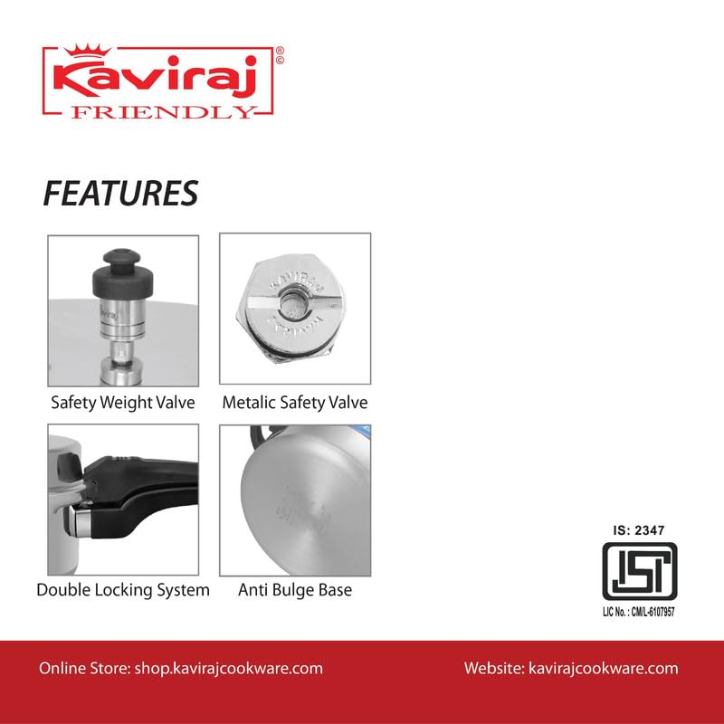 Image of Kaviraj Friendly Aluminium Pressure Cooker with Outer Lid Gas Compatible for Healthy Cooking (7.5 Ltrs)