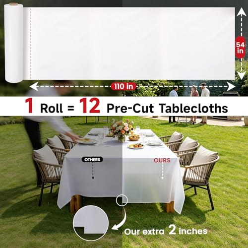 Image of Plastic Table Cloth, 110 Ft X 54 in White Disposable Tablecloth PEVA Plastic Tablecloth Roll with Any Cut Sliding Cutters Premium Table Cover Roll for Everyday Tables, Meals, Parties, Crafts, Picnics