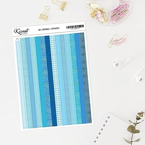 0.24" Washi tape design sticker in Blue - 14 pieces 5.3" x 8.3" - craft scrapbook junk journal snail mail planner journal diary paper sticker sheet Cover