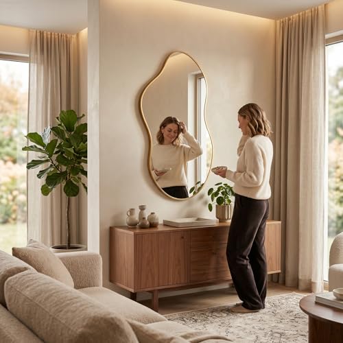 Image of Irregular Asymmetrical Wall Mirror 26x48 inch with Modern Aluminum Alloy Frame | Decorative Tempered Glass Gold Abstract Cloud Mirror for Bathroom, Bedroom, Living Room, Entryway, Cloakroom