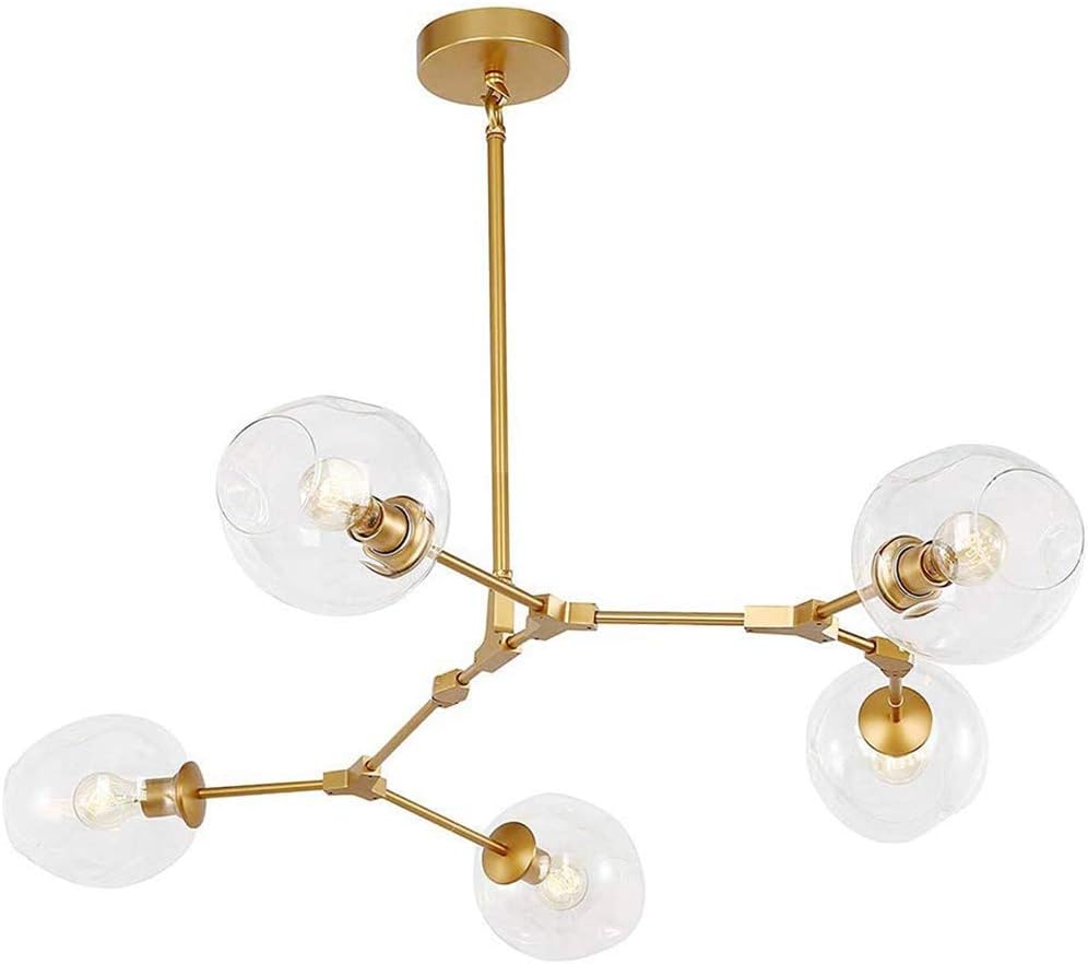 Sputnik Chandelier 5 Lights Modern Gold Brass Ceiling Light Fixture Industrial Vintage Adjustable Pendant Lighting Fixture for Bedroom Living Foyer,Transparent Color,5 Lights