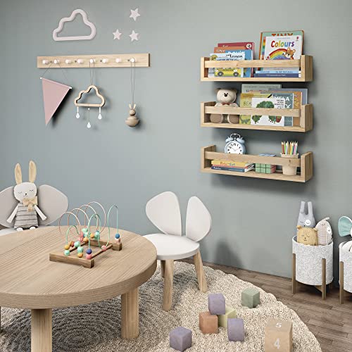 NATURE SUPPLIES Set of 3 Wooden Wall Shelves, Montessori Bookcase Storage Shelf Book for Bedroom and Children's Decoration, 41 cm, Natural Wood