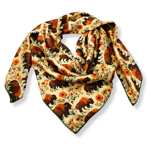 Wild Rag Silk Scarf 36'', Western Cowboy Bandana Square Silky Wild Rags,Tan Vintage Floral Bison Tribal Scarves for Men & Women