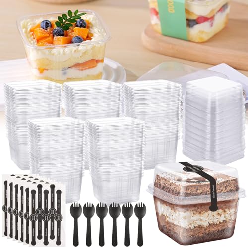 Oungy 100 tazas de postre con tapas, 300 ml/283.5 g de plástico con cucharas, taza de postre transparente para aperitivos de postre reutilizable para servir postres, aperitivos, mousse